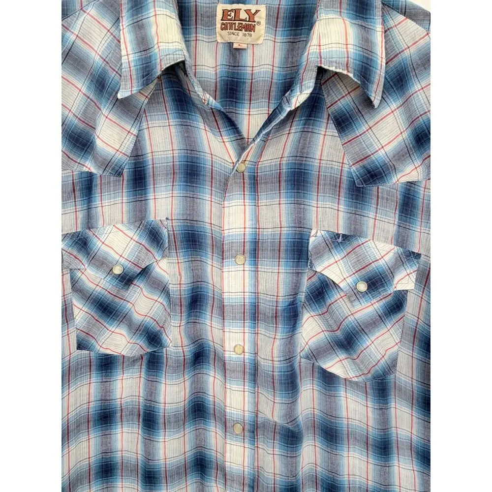 ELY Cattleman Pearl Snap Western Shirt Mens Large Blue Plaid Short Sleeve Cowboy - Picture 4 of 4